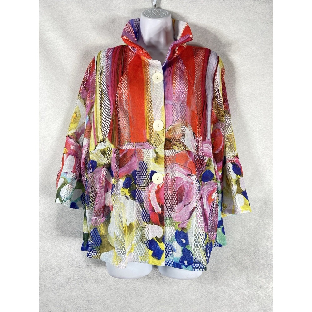 Damee Jacket Women's Large Pink Yellow Floral Mesh Long Sleeve Wearable Art NWOT